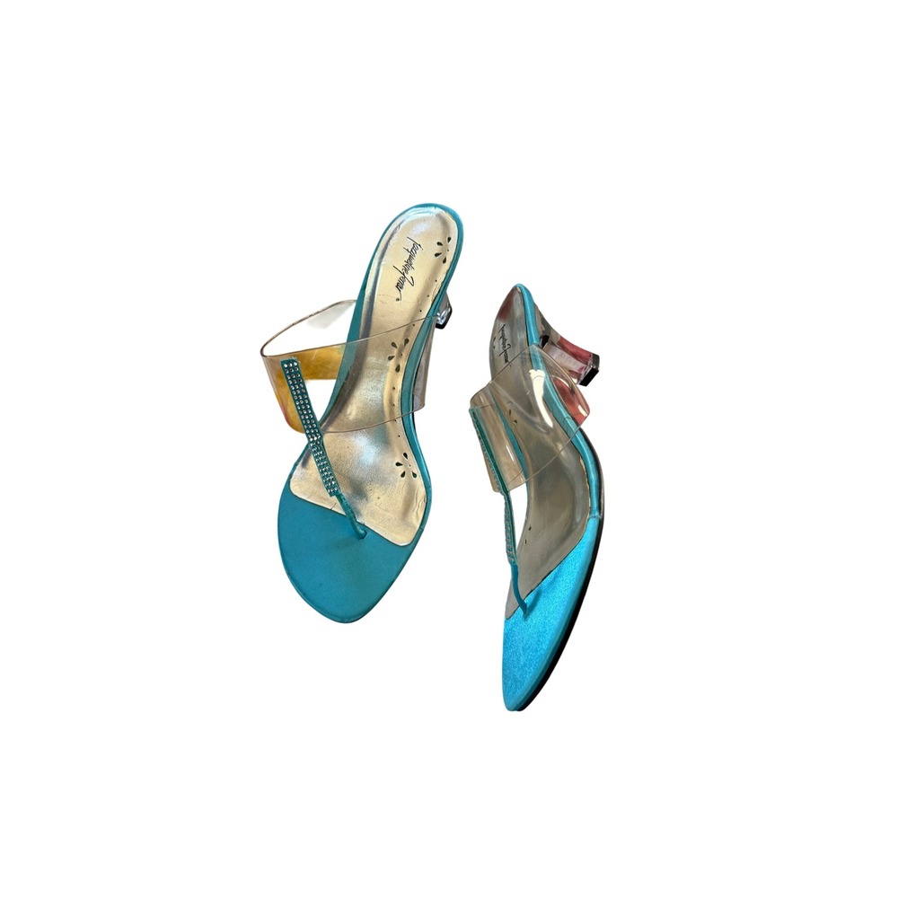 Y2k Turquoise Lucite Clear Kitten Heel Sandals Crystal party club 8